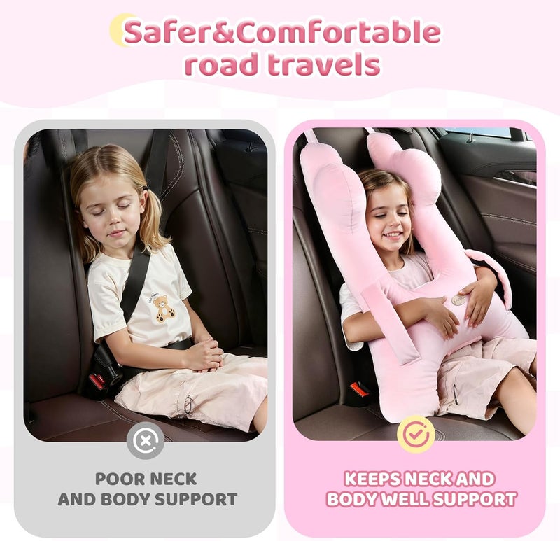FLORICH Kids Travel Pillow, Car Sleeping Travel Pillow for Kids, Washable H-Shaped Pillow for Adults and Children to Support Head and Body for Road Trips Pillow for Car (Pink) - Image 2